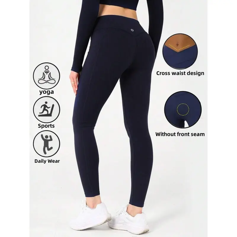 Women's V-Shaped Cross Waist High Waist Pocket Yoga Pants, Casual Solid Color Spandex Nylon Knitted Fabric, Soft And High Elasticityr