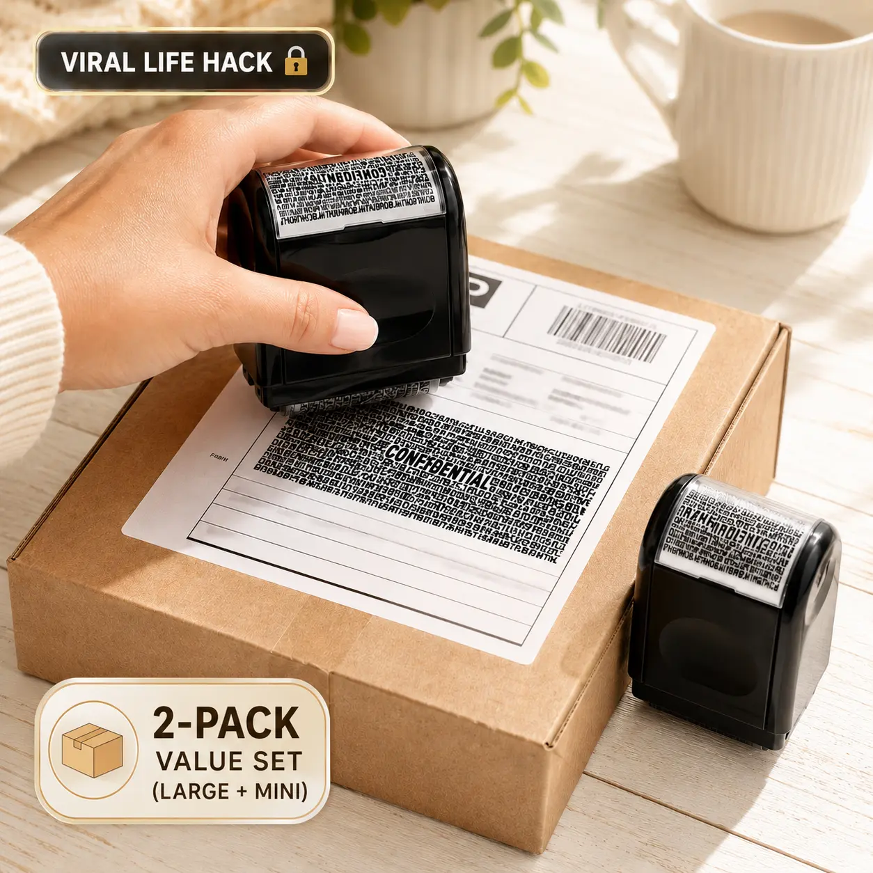 2-Pack Privacy Protection Security Roller Stamp, Shipping Label Blocker with 3 Refills (5-Piece Set), 100m ID Theft Prevention Ink Roll, Ultimate Desk Setup Data Security Tool