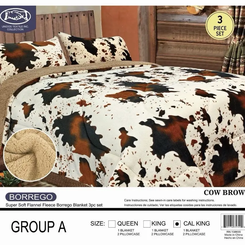 Borrego Super Soft Flannel Fleece 3pc Bedding Set - Cow Brown, for Gal King-California King Size Beds, Includes 1 Blanket & 2 Pillowcases, All Seasons Use, Gal King Size