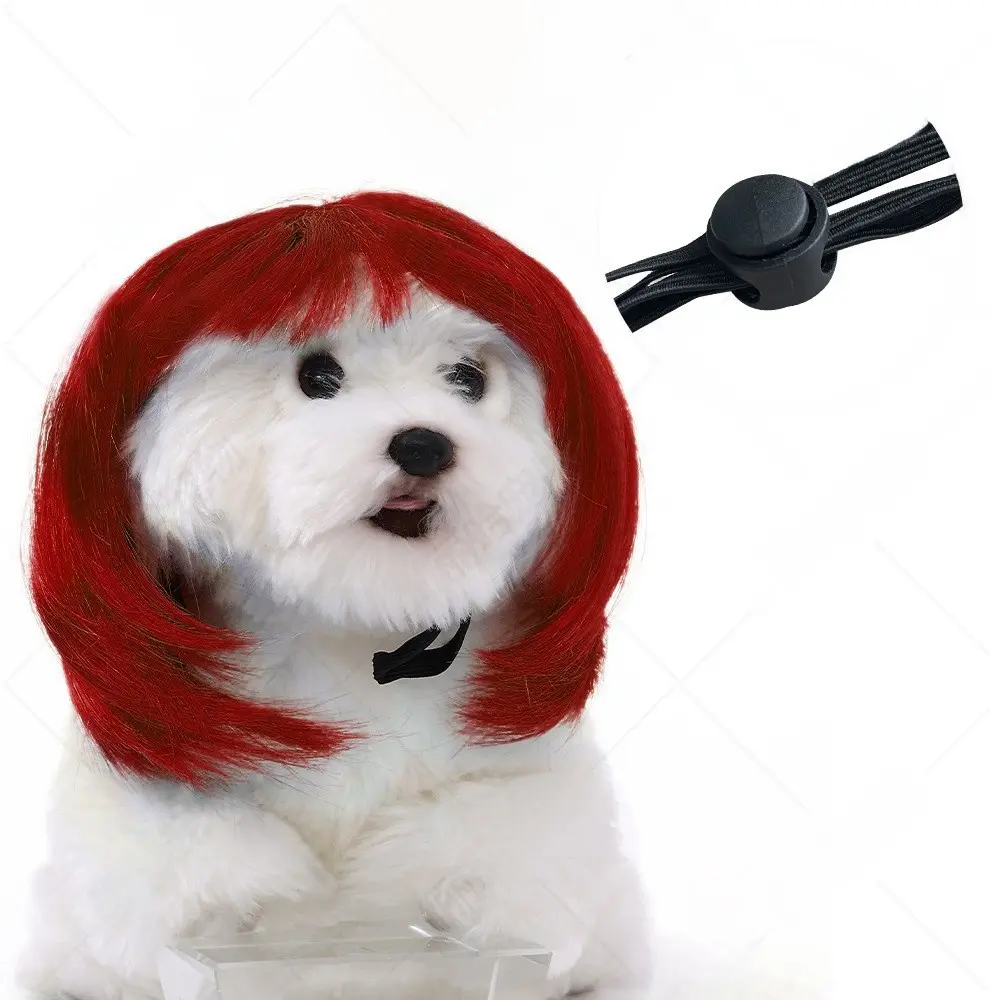 Dog wig with bangs, bob style, deep red color