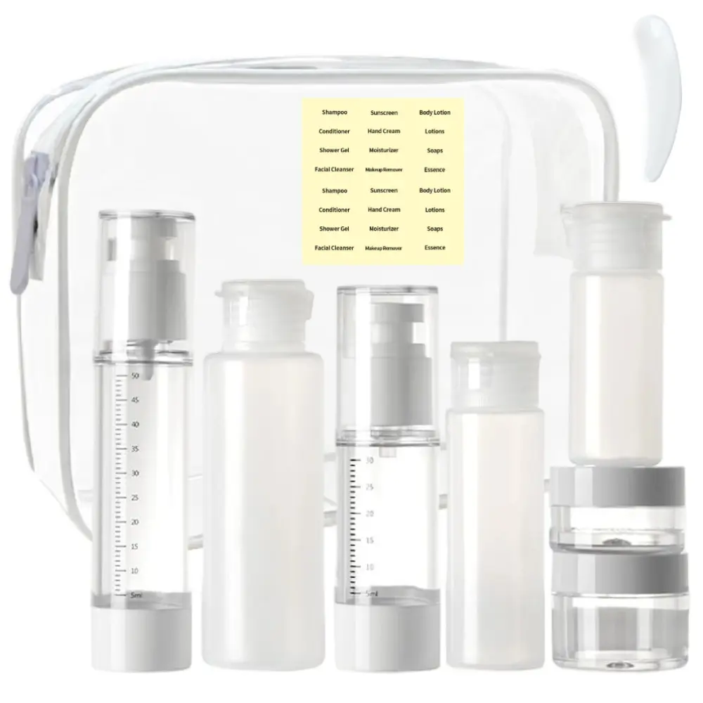 7-Piece Lightweight Transparent Travel Bottles Set, Leak-Proof Refillable Containers for Toners, Creams, Oils, Lotion & Makeup Cosmetics