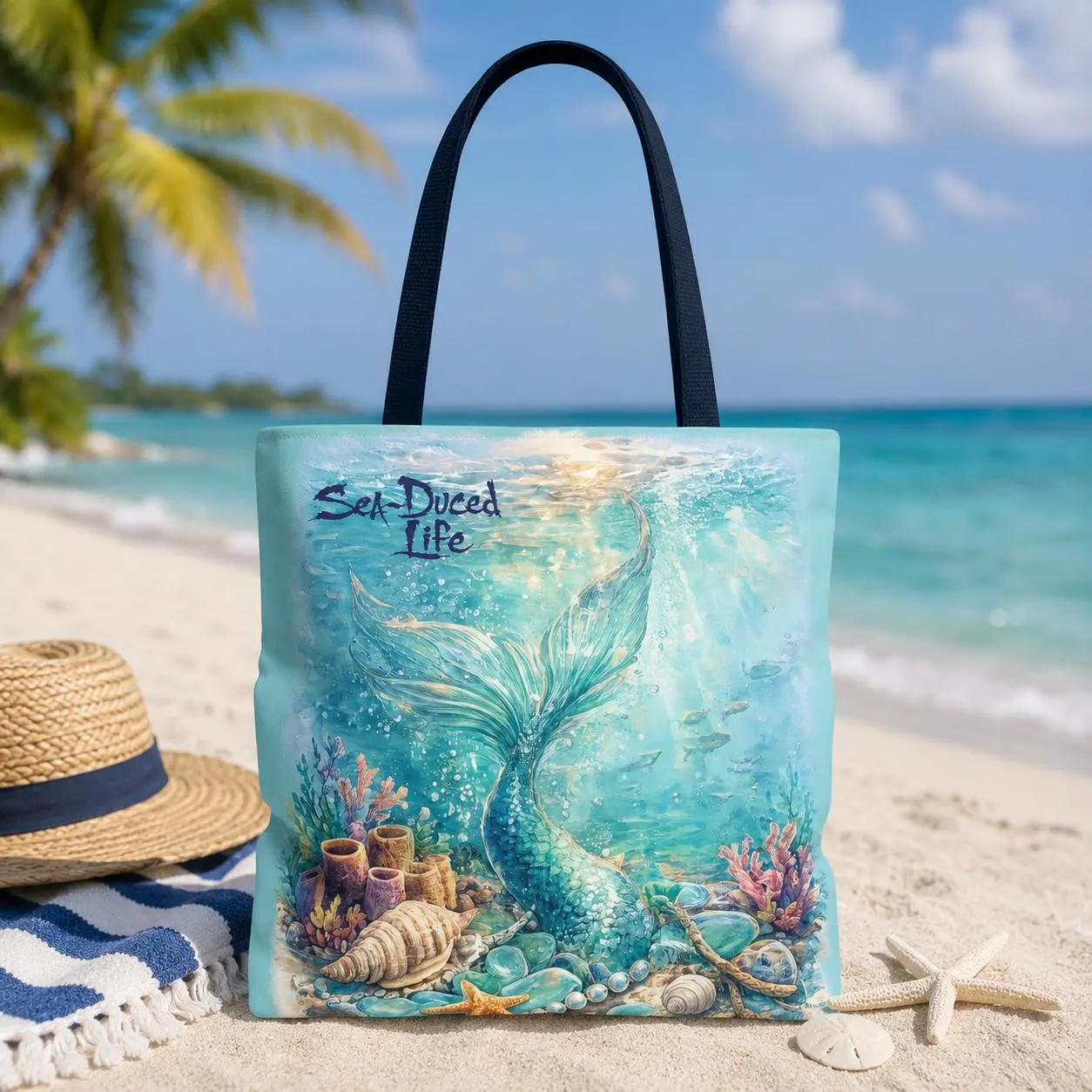 Mermaid Beach Tote Bag | Ocean Inspired Tote | Coastal Mermaid Tail Bag | Available in 3 Sizes