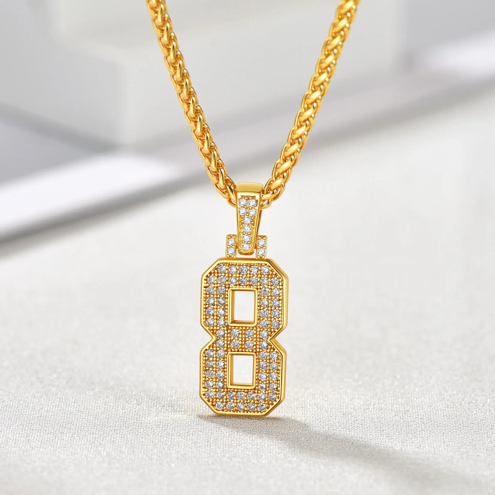 U7 Number 0-9 Pendant Shing Necklace for Men Women CZ Hip Hop Jewelry