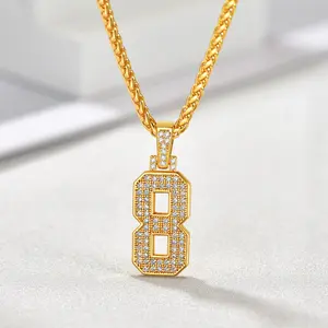 U7 Number 0-9 Pendant Shing Necklace for Men Women CZ Hip Hop Jewelry