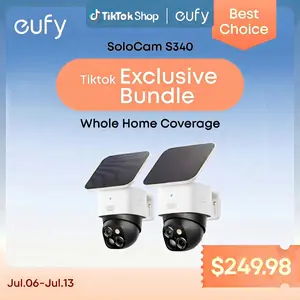 【Exclusive Bundle】eufy Security SoloCam S340 360° Pan & Tilt Solar Security Camera 2.4 GHz Wi-Fi No Monthly Fee HomeBase S380 Compatible - Ai Auto Lock And Tracking