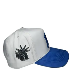 LIBERTY NY WHITE & BLUE SUEDE & CATTON CAP 5 Panel Adjustable Luxury Suede & Cotton Cap with Custom Satin Interior Snapback Closure for Sports Outdoor Activities