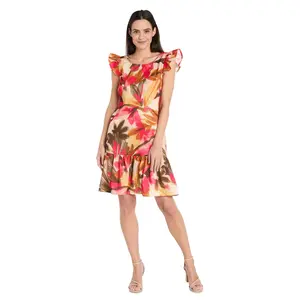 Floral Ruffle-Sleeve Linen Dress