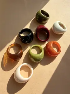 8-Piece vintage geometric minimalist resin ring, colorful oversized oval ring set, jewelry accessories for women's daily wear, festivals and parties Jade Green