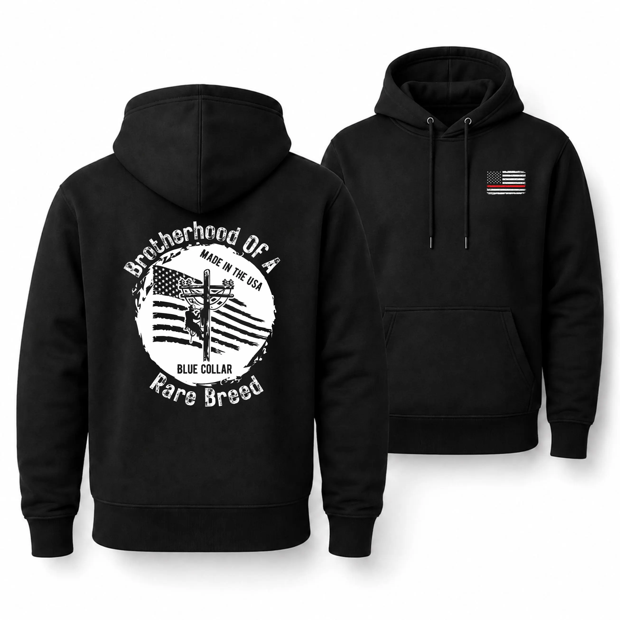[MADE IN US] Lineman Brotherhood Of A Rare Breed Hoodie, Blue Collar American Flag And Powerline Worker Graphic, Workwear Gift For Linemen Utility Workers And Electricians Classic Cotton