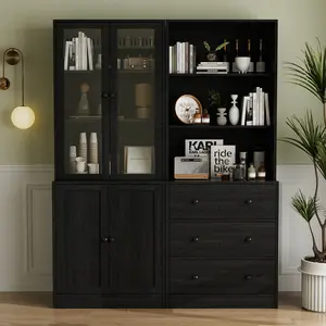 VOWNER Modern Storage Cabinet with Glass Doors & Drawers, 3-Tier Bookshelf Display Cabinet, Buffet Cabinet Organizer for Living Room, Dining Room & Home Office, Black