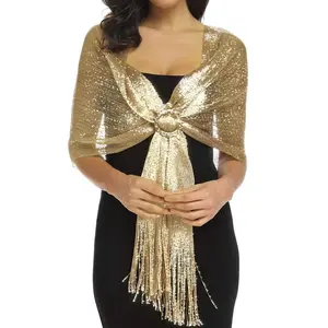 Fashion Bright Sunscreen Shawl Hijab Gold Silver Shiny Scarves For Women Lace Tassel Party Evening Dress Scarf