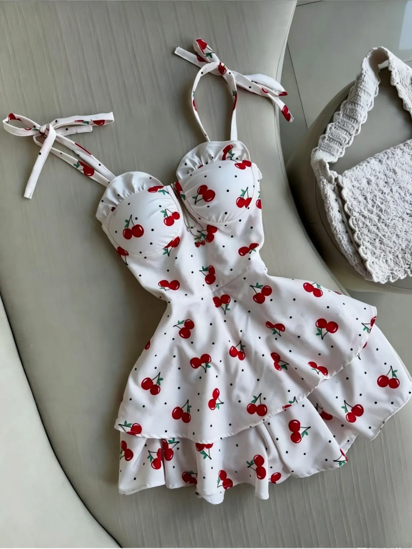 Printed Cherry Halter Tie Front Women's Dress, Ruffled Hem Dress, Cute and Sexy, Feminine, Chic, Summer, Casual Elegance, Perfect for Vacation, Dates, Streetwear, Daily Wear, Back-To-School Season, Halter Neck