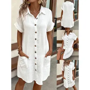 #Dress Women's Summer Mini Dress Short Sleeve Lapel Collar Button Down Pocket Dress Fashion Shirt Dress