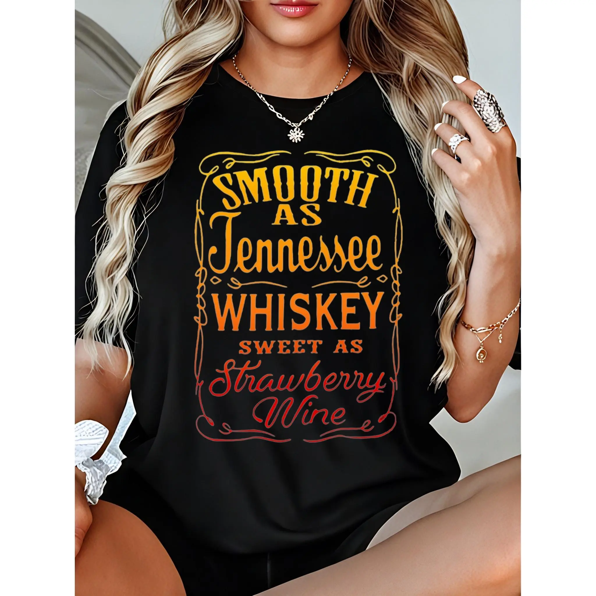 Women's Graphic T-Shirt, Casual 100% Cotton Round Neck Top with "Smooth as Tennessee Whiskey" Slogan, Fitted Short-Sleeve Summer Streetwear, Lady, Cartoon, Digital Print