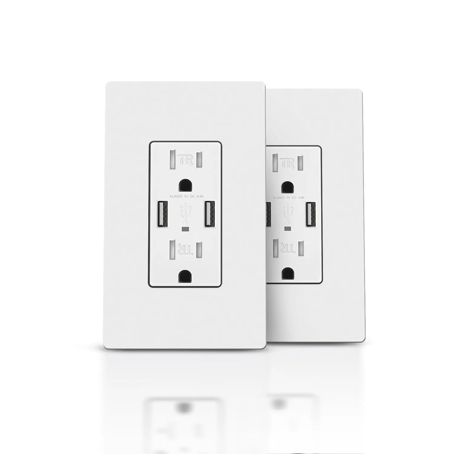 2Pack USB Wall Outlet, Receptacle Outlet with 4.8A Charging Capacity, 15A Tamper Resistant Electrical Socket, Screwless Wall Plate Included, UL & FCC Approved, White