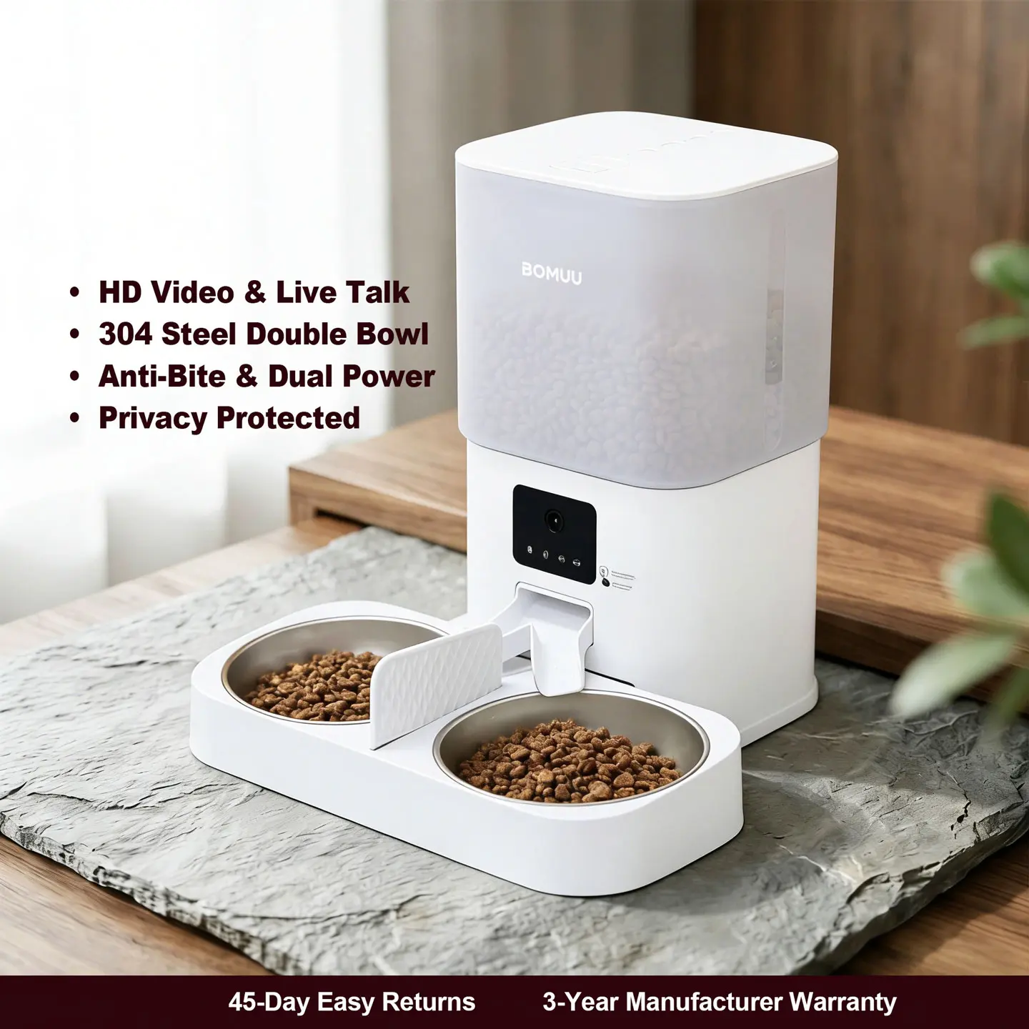 BOMUU automatic cat feeder for 2 cat, Dual Stainless Steel Bowls,1080P HD Camera, APP Remote Feeding, 2.4G WiFi, Timed & Portion Control, 10s Voice Record, 8 Meals Per Day, 6L Large Capacity, Bowl Automatic Feeders, Double Bowl Automatic Feeders