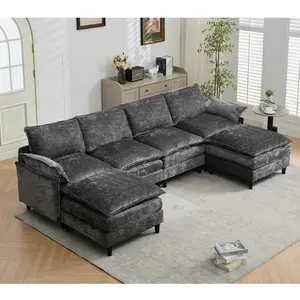 Modular Sofa,U Shaped Cloud Couch Comfy Set ,6-Seater, 2 Armrest Pillows,Convertible Sectional  Couch, Living Room,Apartment, Chenille(2 Movable Ottoman), Dark Gray， Chaise Modular Deep Seating Sofa,Premium High-Density Foam & Plush Corduroy,U#Summervibes