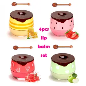 Honey Lip Mask Set - 4 Pack Hydrating Lip Balm with Honey Stick, Watermelon, Apple, Propolis & Strawberry Flavors, Moisturizing Lip Treatment for Dry Cracked Lips, Lip Care Gift for Women & Girls