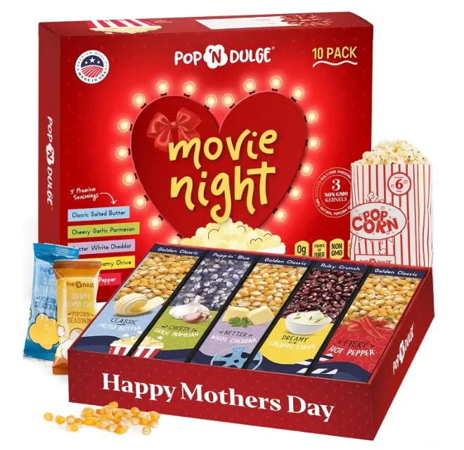 Mothers Day Gifts Movie Night Popcorn Gift Set, Mothers Day Gifts For Wife, 10 Piece Set, 5 Gourmet Popcorn Kernels and 5 Popcorn Seasoning Flavoring, Kosher, Non-GMO Movie Night Gift Baskets Gift Idea For Mom, Wife, Daughter