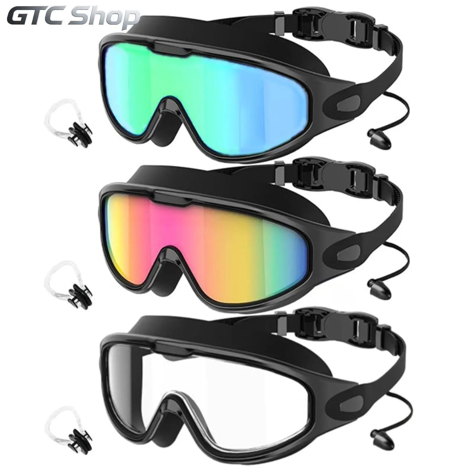 Adult Swim Goggles 3 Pairs, Unisex Swimming Glasses with Ear Plugs, 180° Wide Vision, Anti-Fog & UV400 Protection, Leak-Proof Shatterproof Lenses, Premium Accessories for Pool & Water Sports