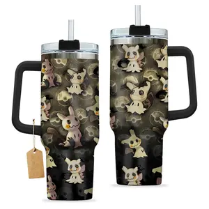 Mimikyu Pattern 40oz Handle Tumbler – Retro Fantasy Stainless Steel Travel Mug, Hawkins Inspired Horror Cup, Double Wall Thermal Drinkware, Large Iced Coffee Tumbler, Gift for TV Show & Dungeon Game Fans