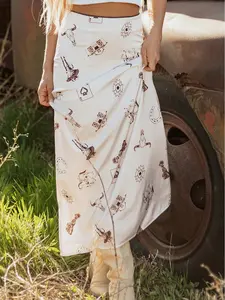 Beige Western Print Satin Long Skirt, Various Chic Western-Inspired Print For A Unique Look.