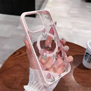 Pink Tulip Phone Case, Compatible with Wireless Charging And Drop Resistant, Magnetic Case with Light Beige Feel for iPhone 17 E Air Pro ProMax iPhone16 15 14 Plus 13 12 Mini 11 X XS XR
