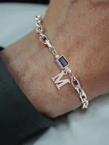 Men's Silver Color Initial Blue Crystal Bracelet, Fashion Stainless Steel Chain, Casual Style, All Seasons Wear, No Choking Hazard, High Quality Bracelet