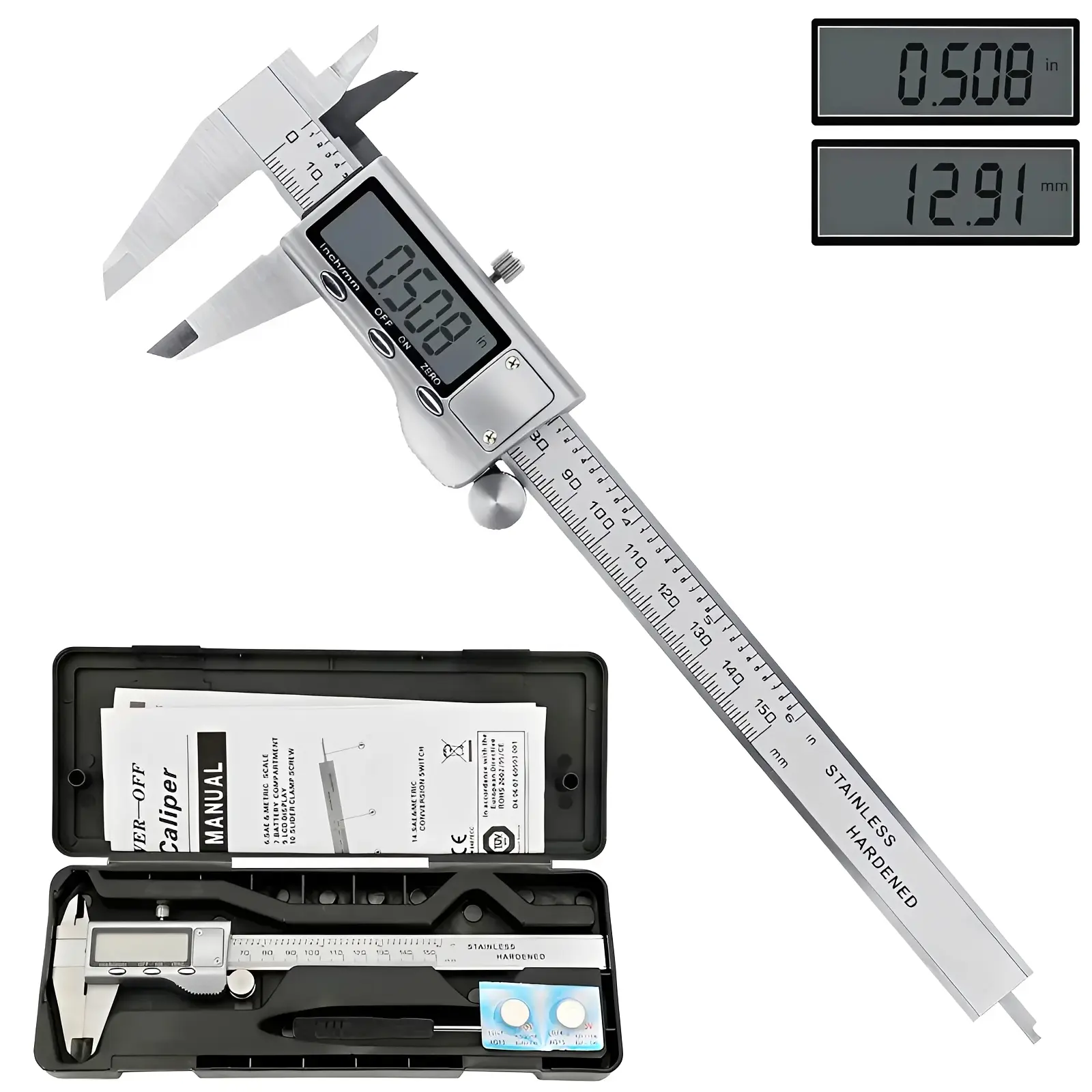 6-In/150mm Digital Caliper Measuring Tool,Stainless Steel Digital Caliper Measuring,with Large LCD Screen,Electronic Hand Measuring Tool with Large LCD Screen, Auto-Off, Inches/mm Conversion, IP54 Splash Proof  for Wood/DIY Metal/Household,