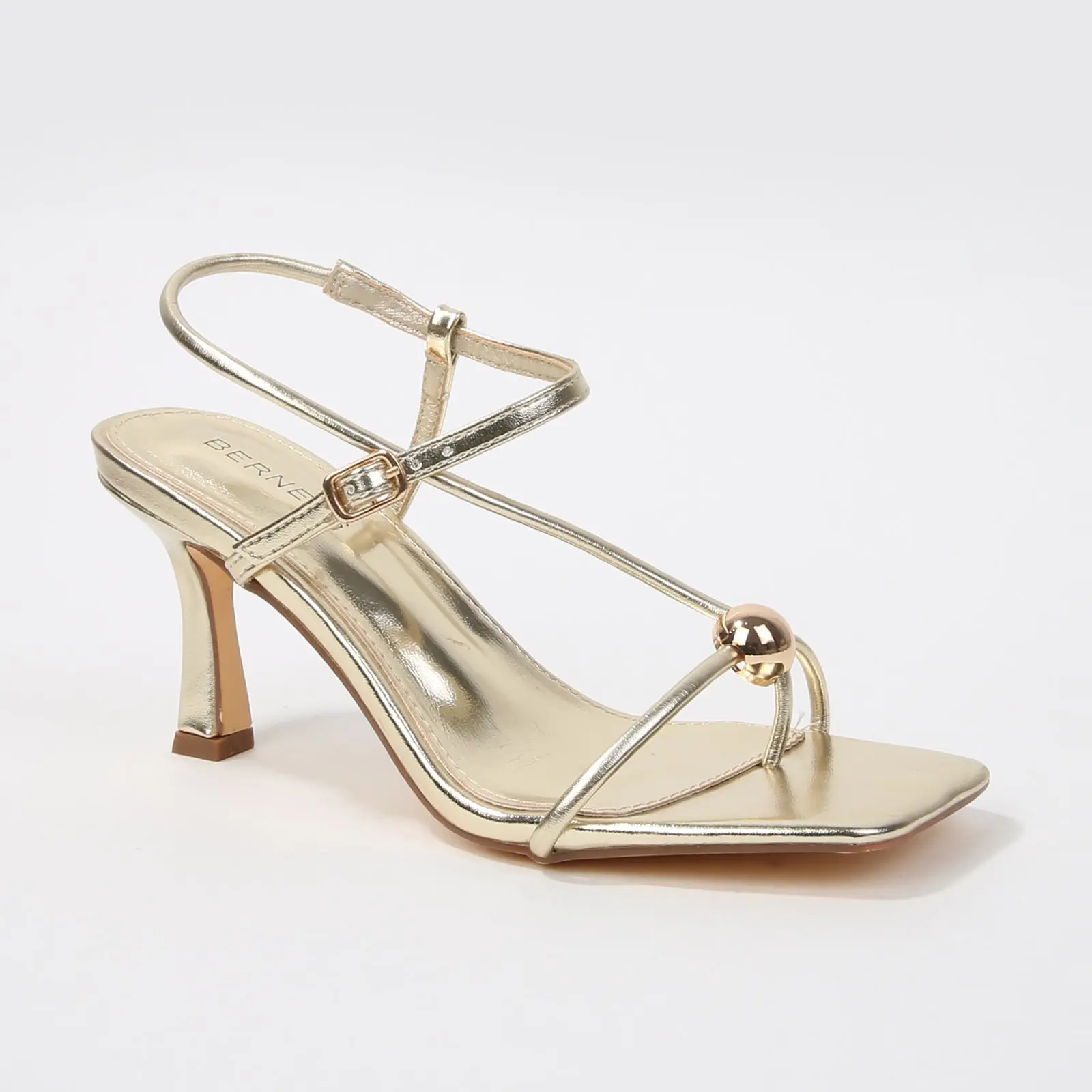 Women's Hisako Elegant Formal Buckle Sandals - Metallic Ball Ornament, Square Toe, 2.5in Stiletto Cushioned Heels, Padded Insole, Adjustable Strap, Evening Party Statement Footwear, Metallic Finish, Ankle, Wedding