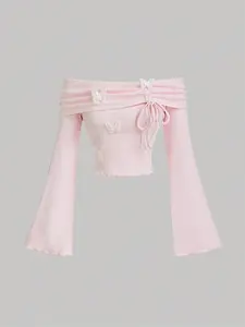 Women's One-Shoulder Long Sleeve Soft Knit Top with Bow, Knot and Butterfly Design, Slim-Fit Sweet Style Casual Lightweight Summer Fashion Knitwear, Perfect for Dating & Travel, Womenswear