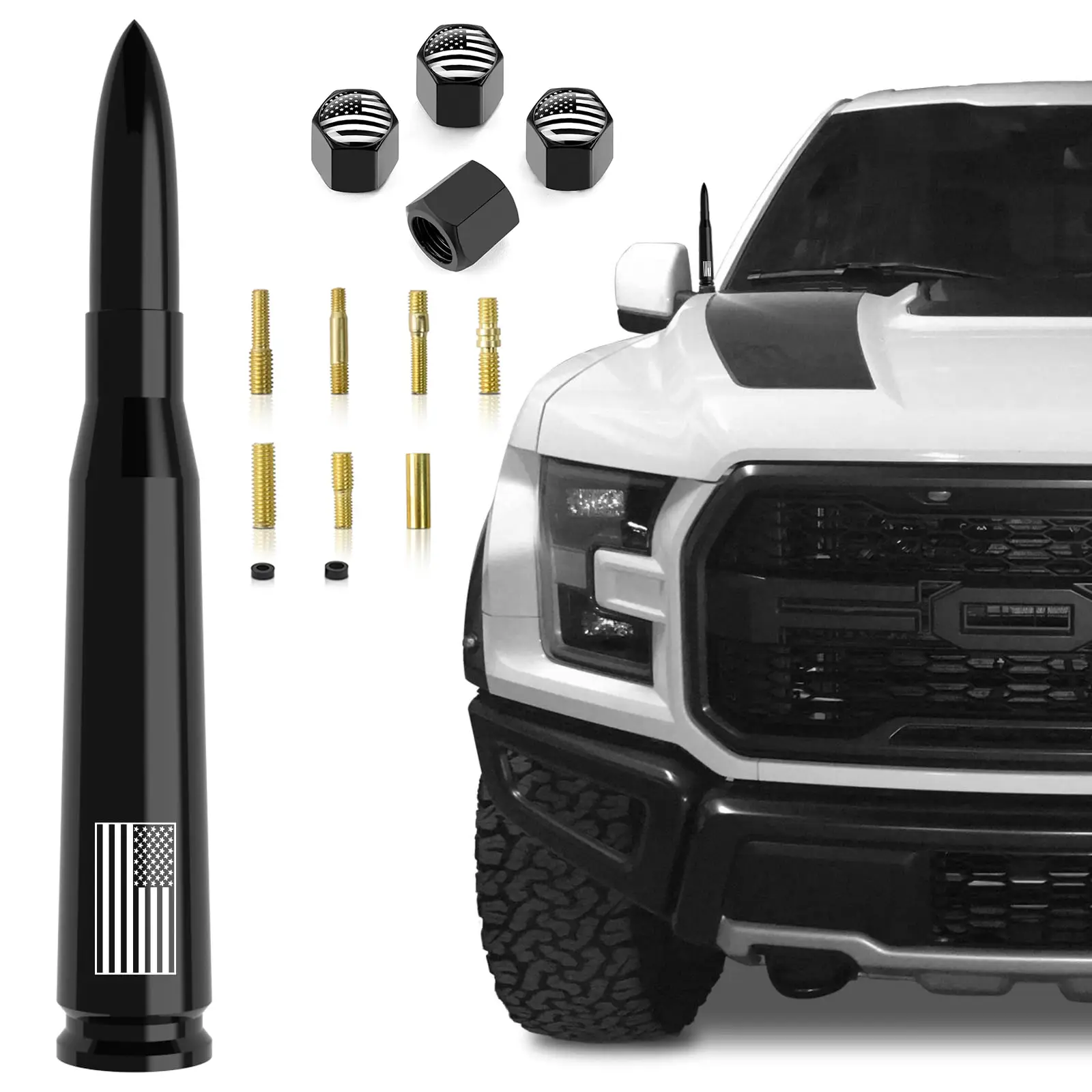 DIBMS American Flag 50 Cal Bullet Antenna - Compatible with Ford F-Series, Super Duty, Ford Raptor and Mustang Trucks, Anti-Theft, Black, Hood Side or