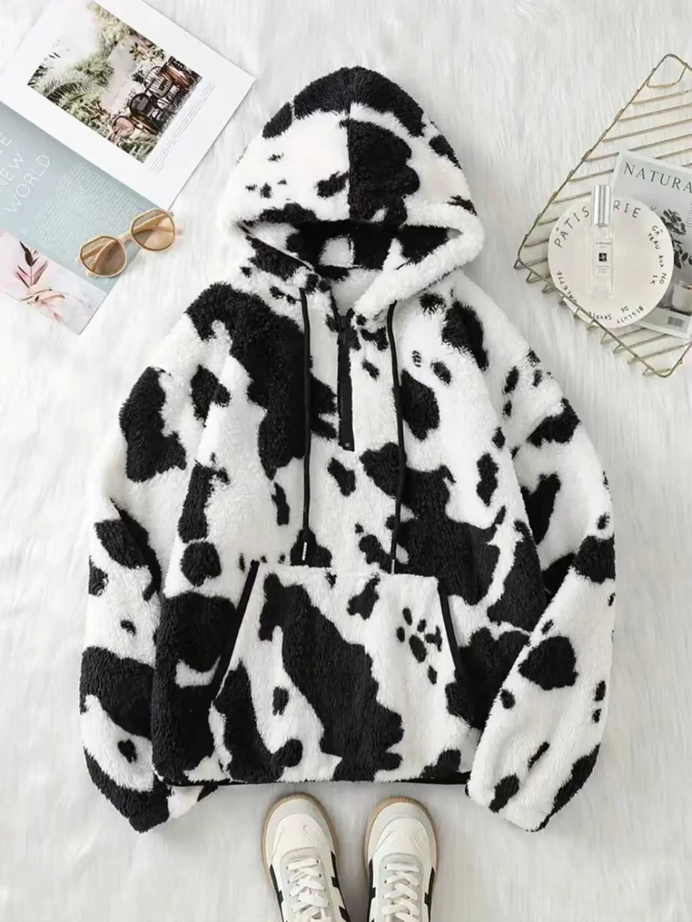 Women's Half-Zip Hooded Fleece Jacket, Womenswear Elegant Casual Warm Adjustable Drawstring Long Sleeve Coat with Pockets, Fall Winter Set