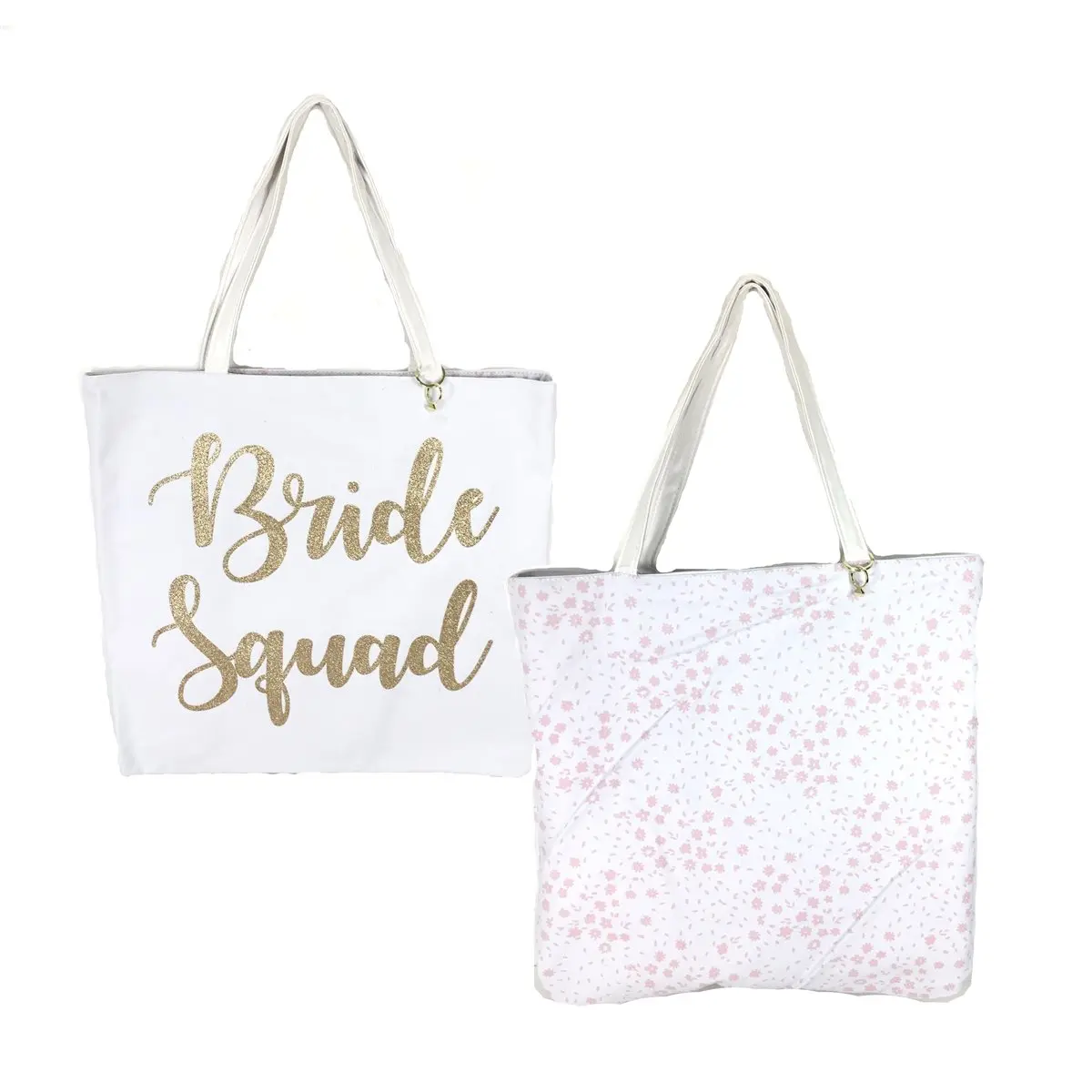Women's Reversible Floral Tote Bag - Cream/Pink, Glitter Gold Bride Script, Glitter Text, for Wedding Bridesmaids