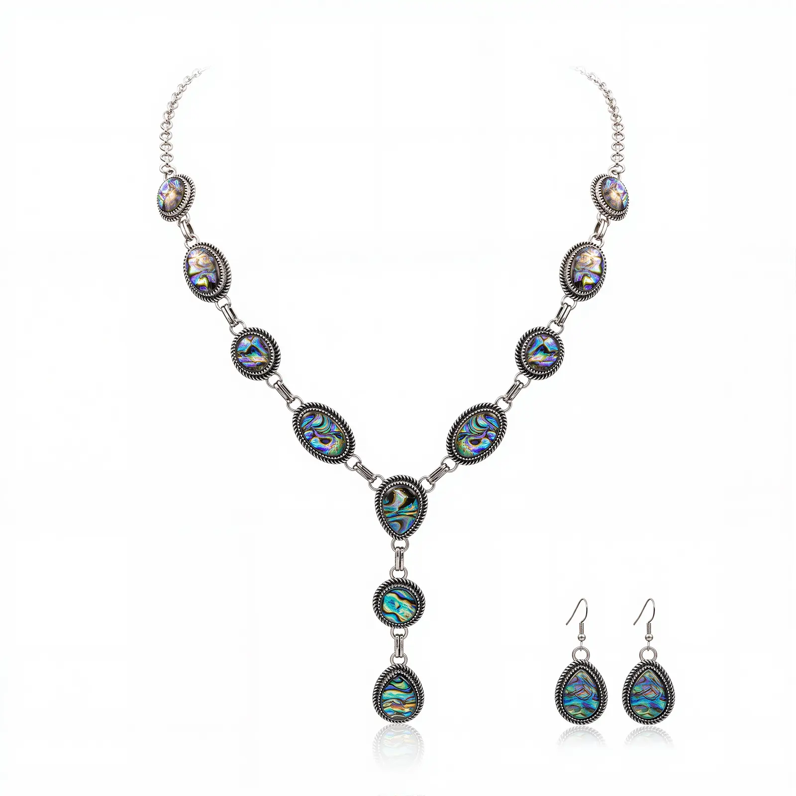 Rustic Couture's Women's Abalone Shell Jewelry Set - Southwestern Y-Shaped Adjustable Length Necklace, Antique Silver Concho Frame Drop Earrings, Cowgirl Statement Women's Matching Sets, Anniversary Gift, All-Day Comfort