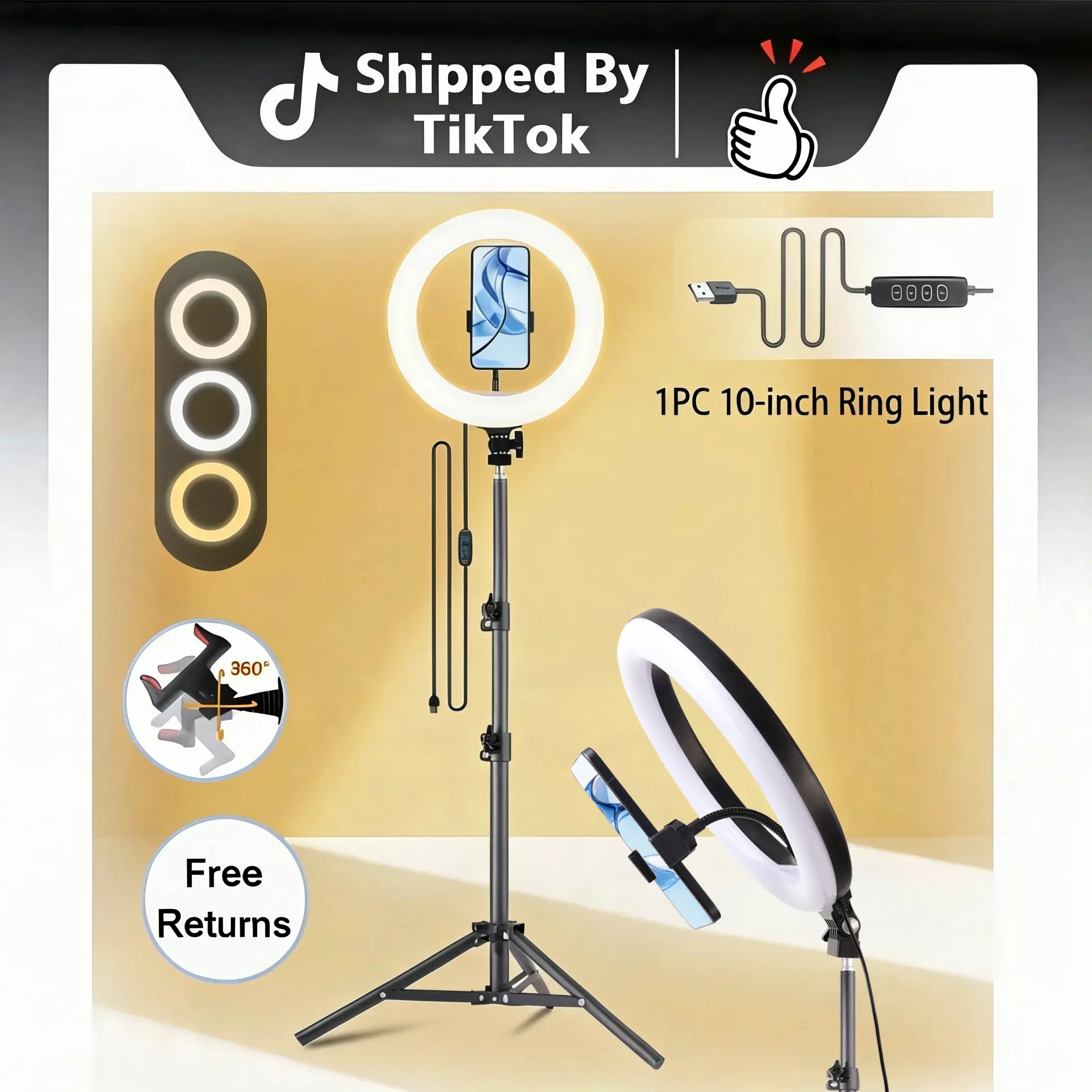 10"Ring Lights with Stand, Video Light Tripod for Phone, With 43.3"Tripod/2 Phone Clips/1 USB Ports, 2600K-6500K Color Temperature, for Makeup TikTok Video Recording Vlog, Selfie Photography（Not suitable for tattooing or haircuts）#moodlighting