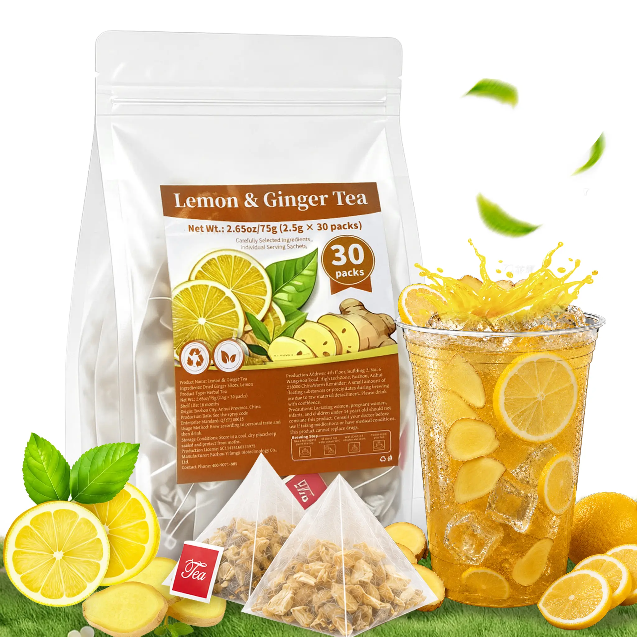 Ginger Lemon Fruit Beverage Pyramid Bags, Caffeine-Free Natural Dried Botanical Tea Blend, No Sugar & No Artificial Additives, 30 Sachets for Immune & Digestive Support, Natural Nourishing Health Tea for Hot-Cold Brew Daily Self-Care