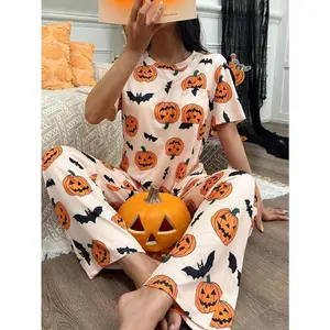 Halloween Cartoon Pumpkin & Bat Print Knit Short Sleeve Pajama Set Halloween Pajamas Women Pumpkin Pajamas Bat Pajamas Orange Pajama Fabric Loungewear