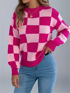 Women's Color Blocked Checkered Casual Fitted Sweater for Fall and Winter, Long Sleeves and Round Neck Design, Stylish Vacation Knitwear Top