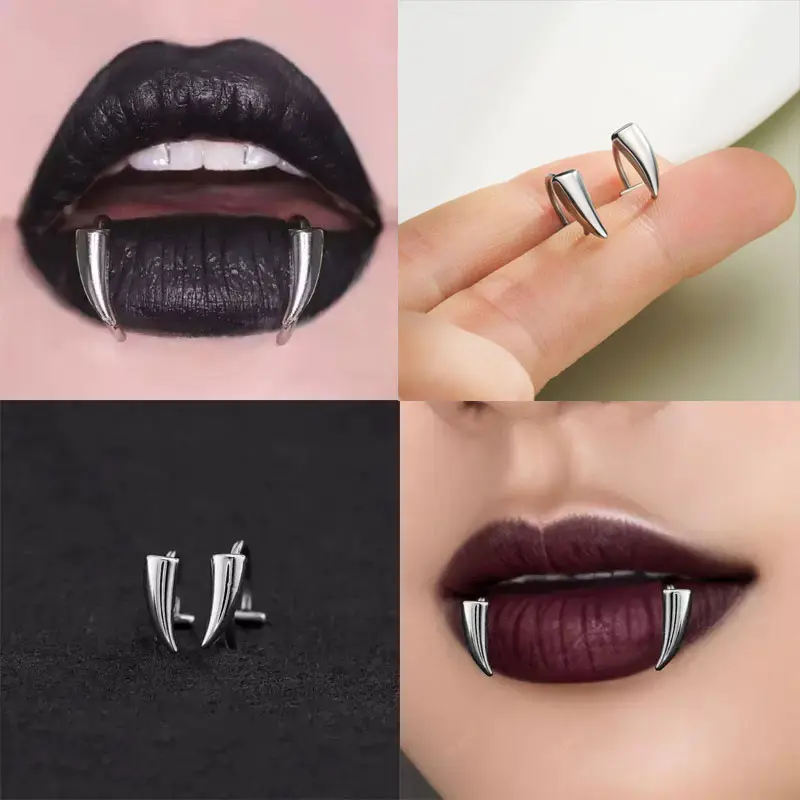 OUFER BODY JEWELRY Fake Piercing, 2-Piece Adjustable Vampire Teeth Lip Cuffs, Corrosion Resistant 316L Stainless Steel Jewelry
