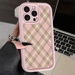 Pink brown plaid pattern cute pink girl-style phone case, compatible with iPhone 17/16/15/14/13/12/11/16E/X/XS/XSMAX/12.13MINI. Its design is adorable, making it a perfect gift for friends, family, or yourself., Accessories, Tpu, Adorable Look