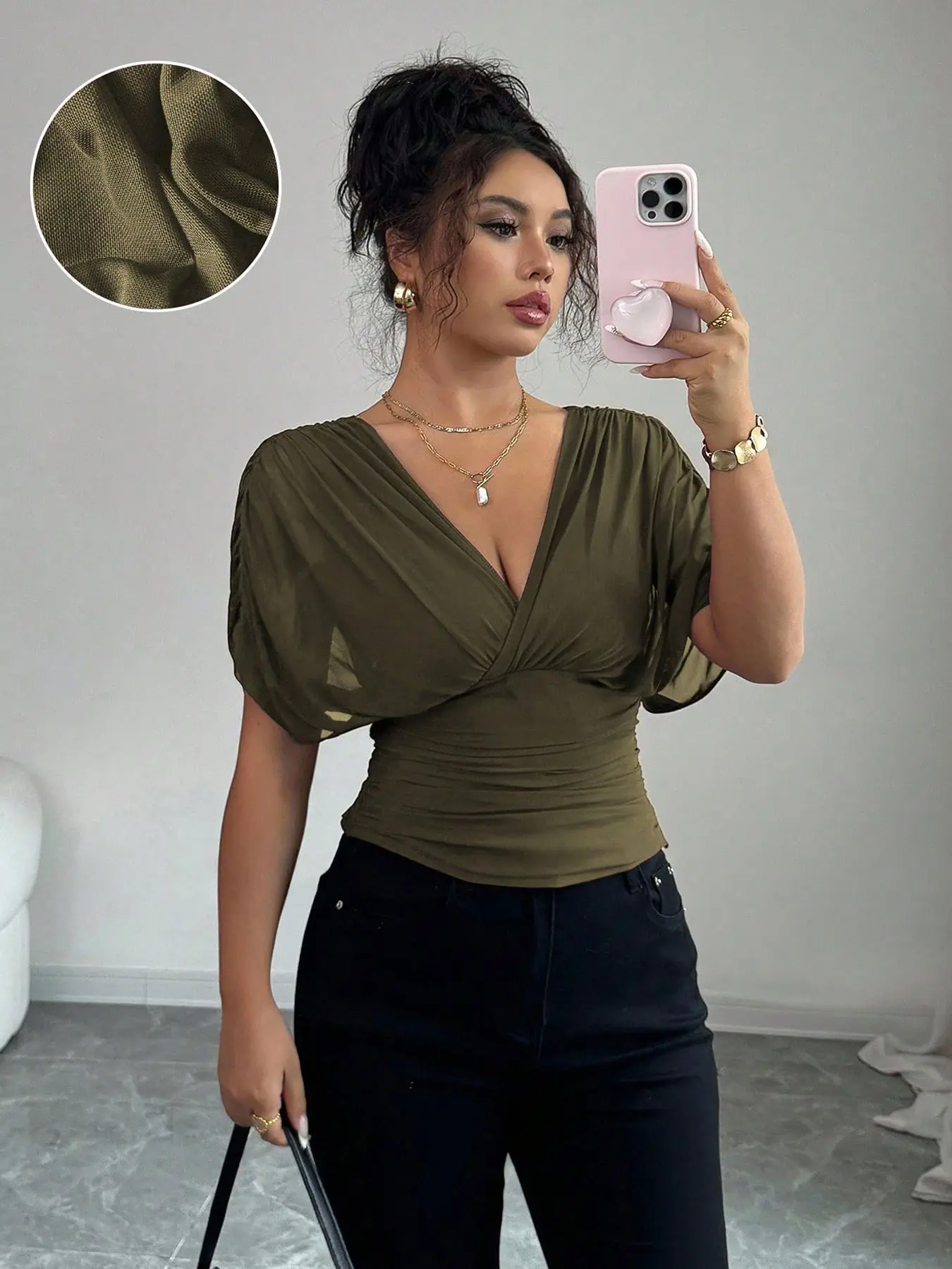A women's solid color fashionable elegant hot girl style Blouse deep V-neck ruffled shoulder waist-cinching top, suitable for summer, daily commuting, casual wear, and vacation Shirts.