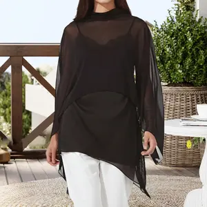Women Chiffon Poncho Tops Fashion Long Sleeve Turtleneck Loose Fit Cover Up Blouse