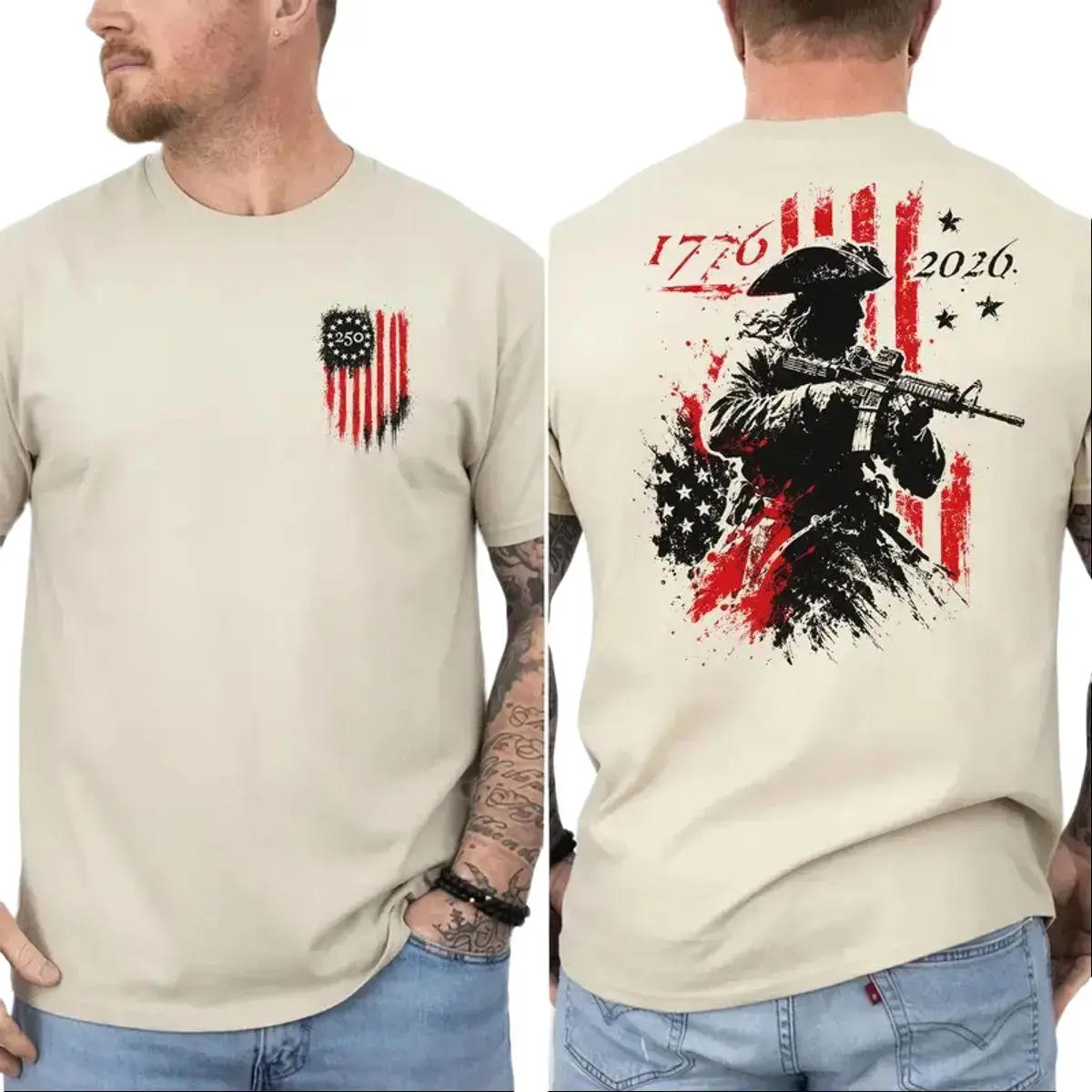 250th Anniversary Distressed American Flag 2 Sided Shirt, Revolutionary Soldier Graphic T Shirt, Modern Patriot 1776 2026 Tee, Unisex Short Sleeve Tee