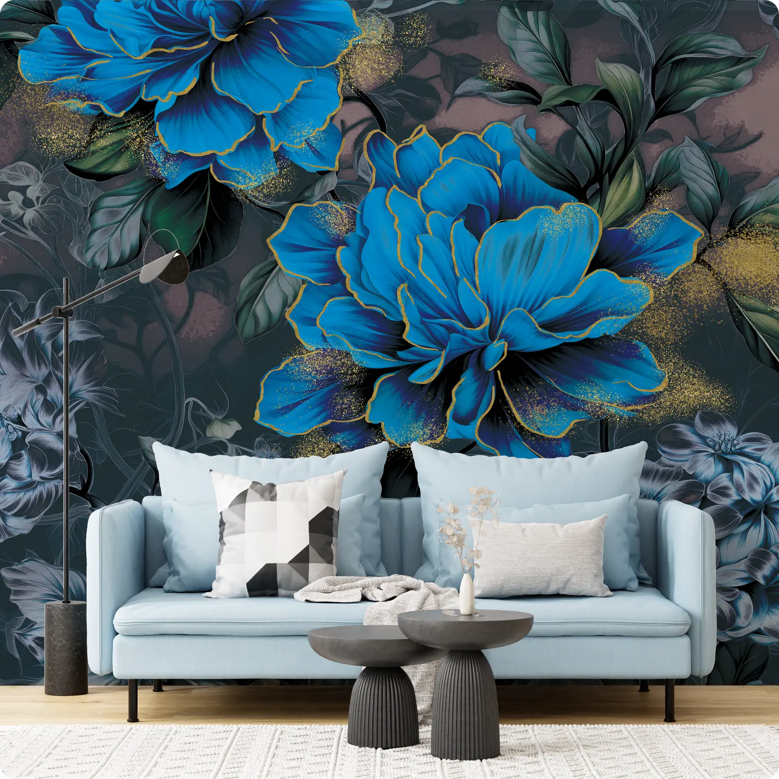JiffDiff Blue Floral Wall Mural Peel and Stick Wallpaper, 148" x 98" Large Dark Botanical Flower Wall Mural, Self Adhesive Canvas Wallpaper for Bedroom Living Room Office and Accent Wall Decor