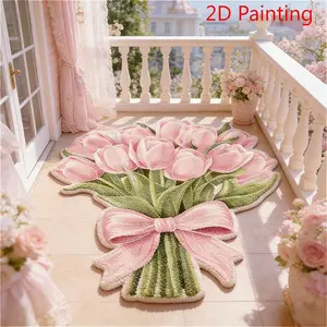 Valentine's Day Pink Tulip Bouquet Bedroom Decoration Bedside Carpet French Romantic Living Room Sofa Plush Carpet Washable Lounge Study Carpet Leisure Area Coffee Table Floor Mat Home Balcony Bay Window Carpet Bathroom Door Non-Slip Floor Mat