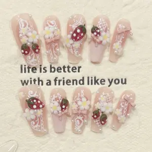 10 pink press-on nail stickers, medium-sized coffin-shaped nail stickers, stylish acrylic nails, fall winter nail art, nail supplies, flower and strawberry patterns, DIY home nail art designs, full-coverage false nail stickers, artificial nails