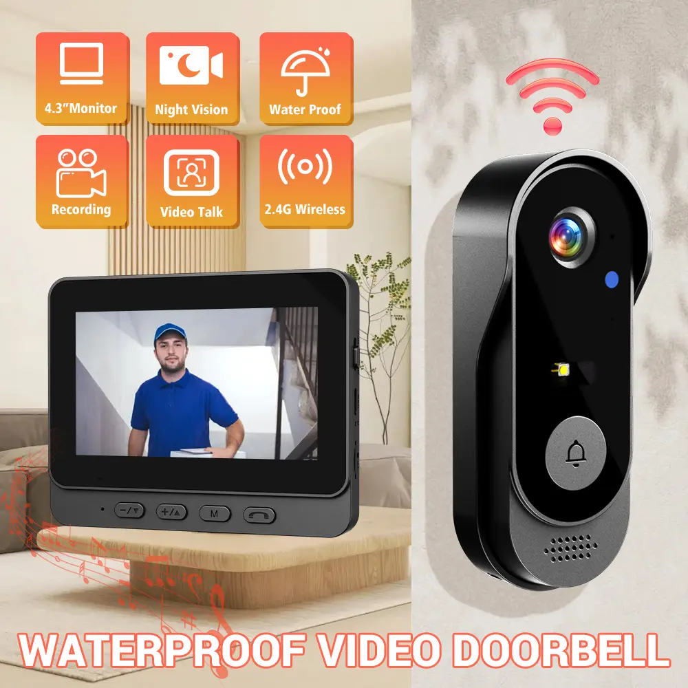 Wireless 4.3'' Video Doorbell with Color Display, 2.4G Connectivity, Night Vision, Waterproof Design