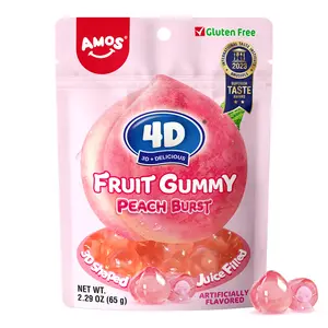 Amos Sweets 4D Fruit Gummy - Peach / Yellow Peach Burst Juice Filled- 8 BAGS- 65g/bag