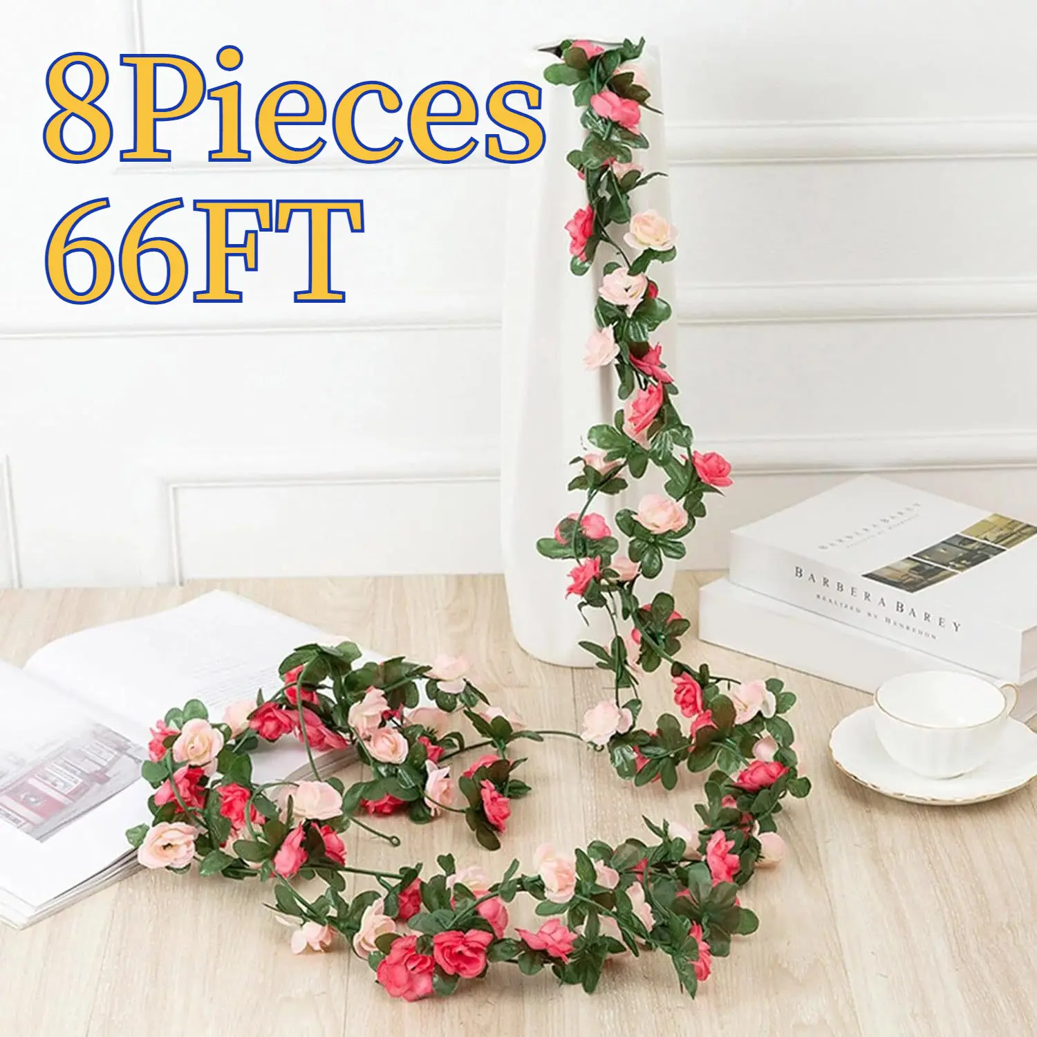 Light Pink Glueless 8 Vines 66ft Silk Fairy Artificial Rose Garlands, Romantic Garden Decor for Wedding Backdrops, Wall & Door Accents, Balloon Arch Add-ons